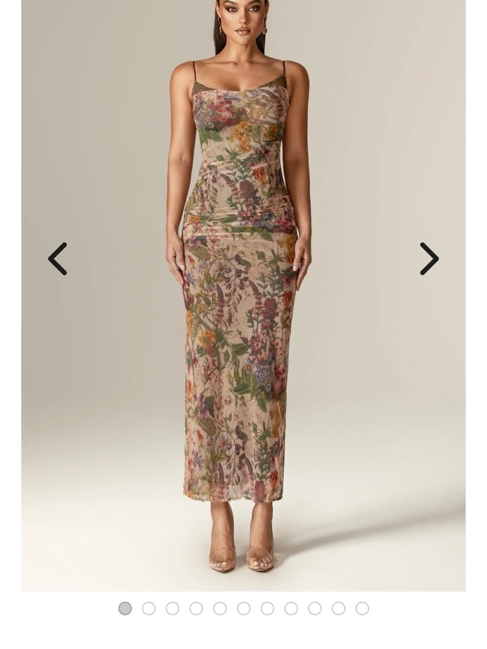 Floral Mesh Slip Dress in Beige Floral
